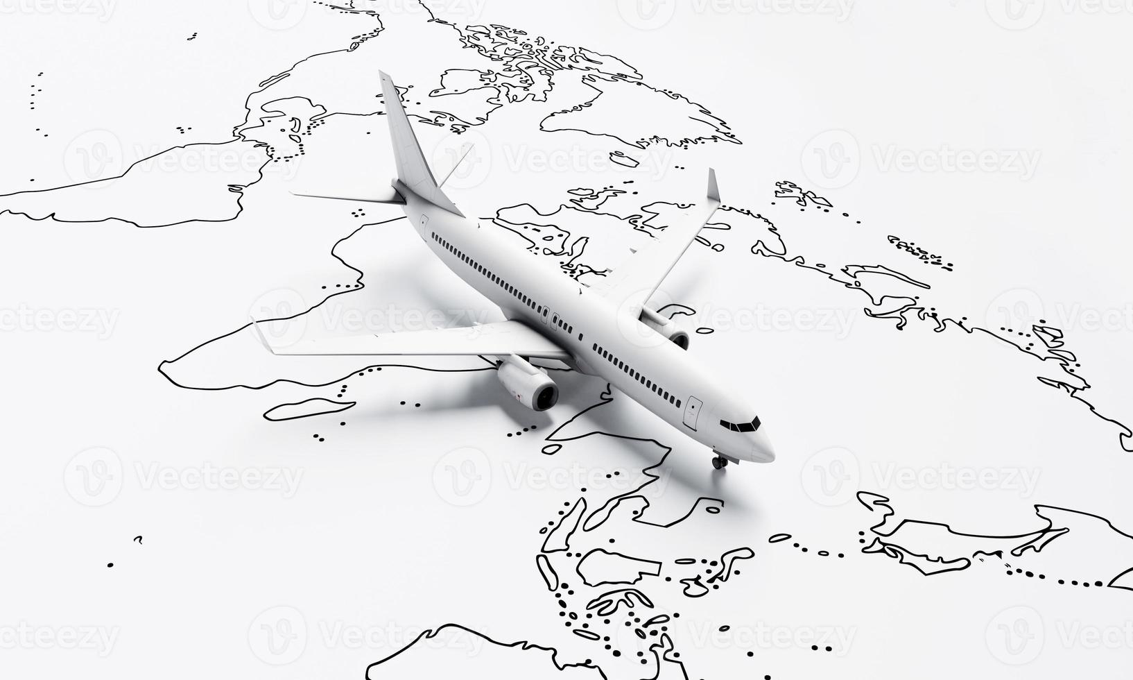 el avión vuela sobre el mapa de papel blanco del fondo de los viajes mundiales. concepto de viaje y pasión por los viajes. representación de ilustración 3d foto