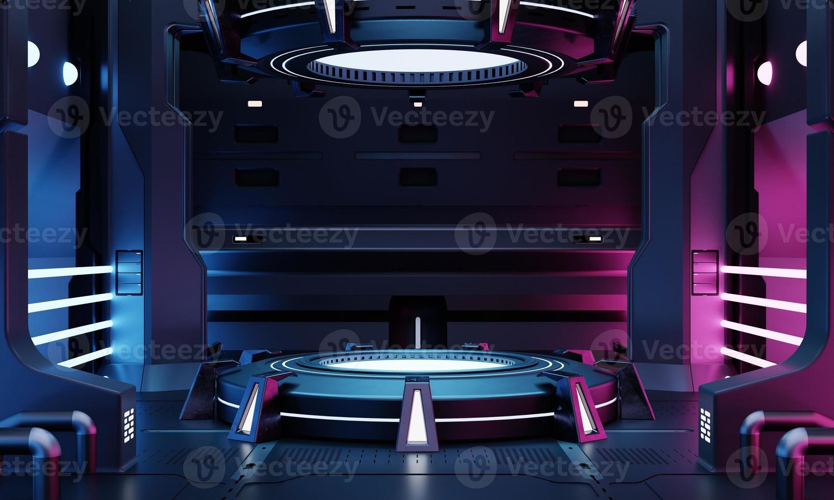 Exhibición de podio de productos de ciencia ficción cyberpunk en una sala de nave espacial vacía con fondo azul y rosa. concepto de objeto de entretenimiento y tecnología espacial cosmos. representación de ilustración 3d foto