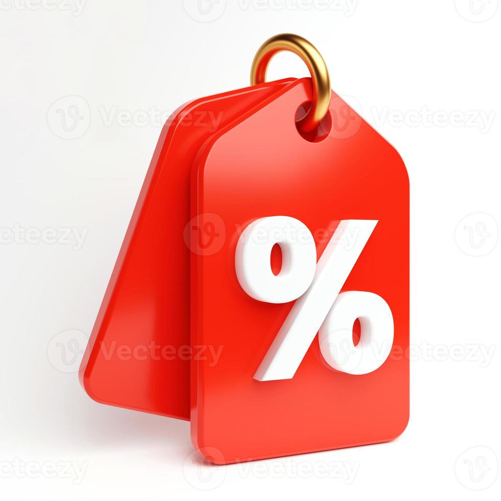 Red price tag with percent symbol for sale marketing on white background. Business e-commerce and online shopping concept. 3D illustration rendering photo