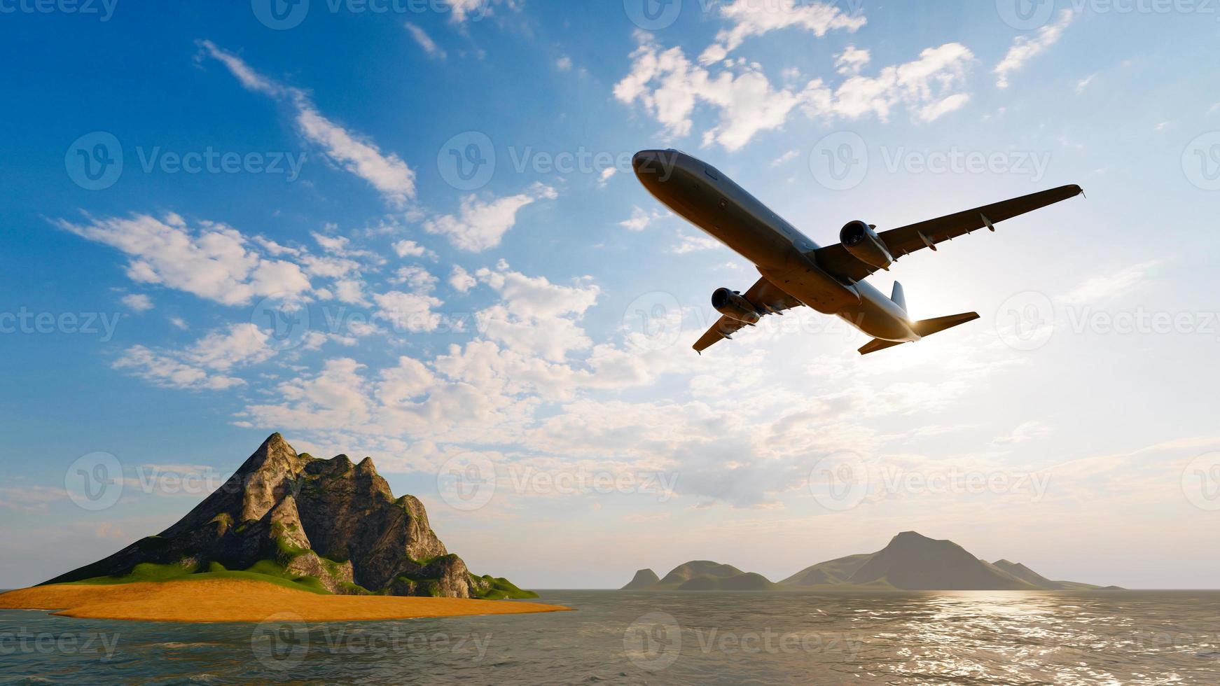 Airplane flying above the ocean sea with sunlight shining in blue sky background. Travel journey and Wanderlust transportation concept. 3D illustration rendering photo