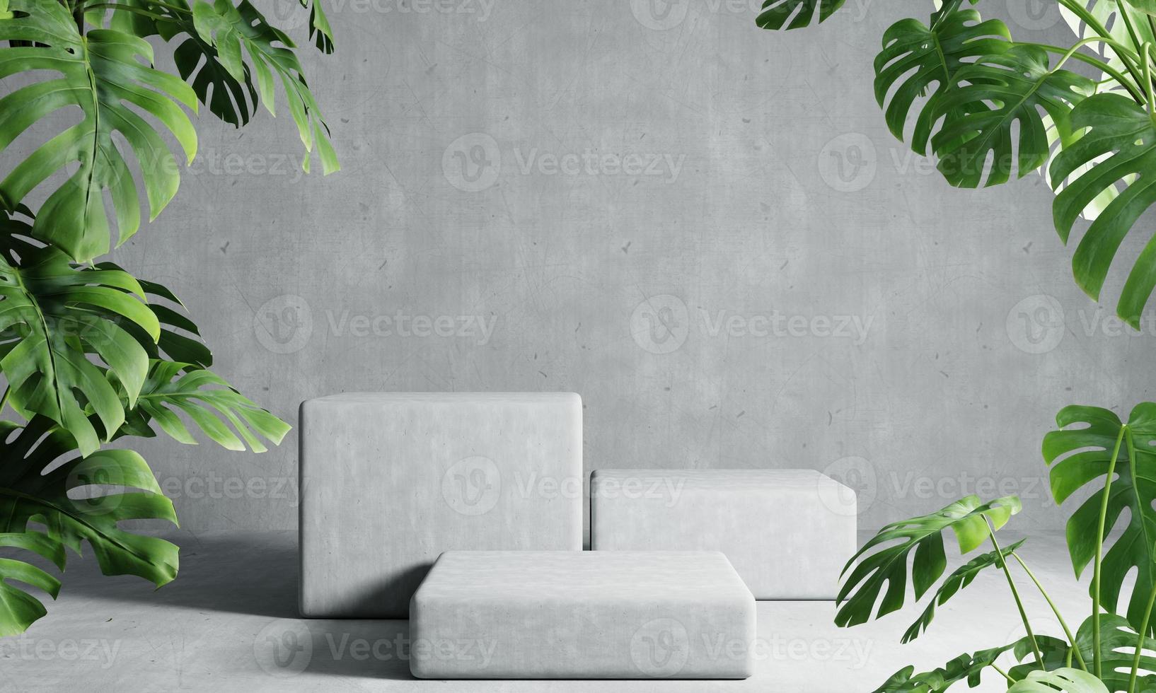 Three rectangle podiums in grey loft color background with Monstera plant foreground. Abstract wallpaper template element and architecture interior object concept.3D illustration rendering photo