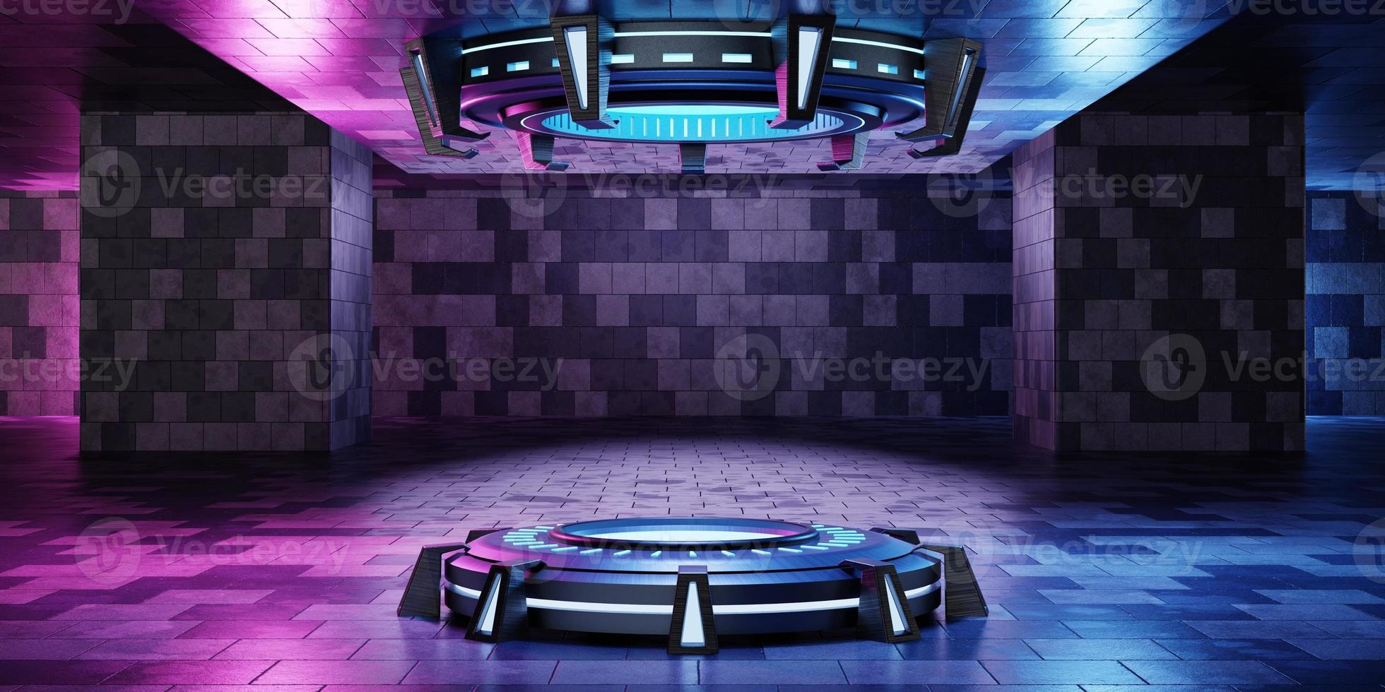 Inside spaceship laboratory with empty podium interior architecture with glowing neon for cyberpunk product presentation. Technology and Sci-fi concept. 3D illustration rendering photo