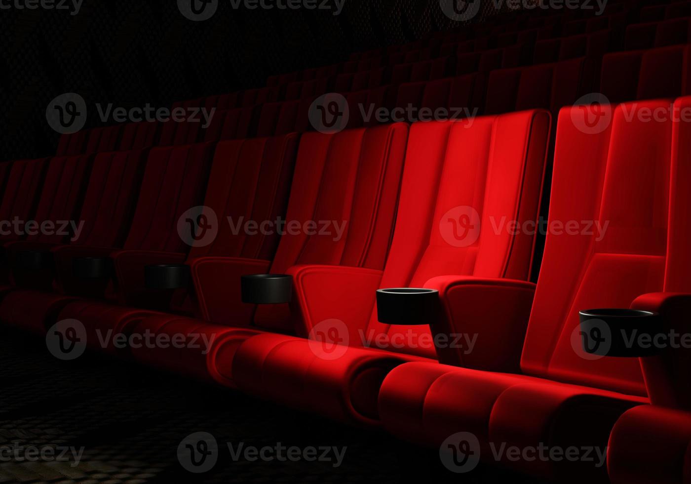 Rows of red velvet seats watching movies in the cinema with copy space banner background. Entertainment and Theater concept. 3D illustration rendering photo