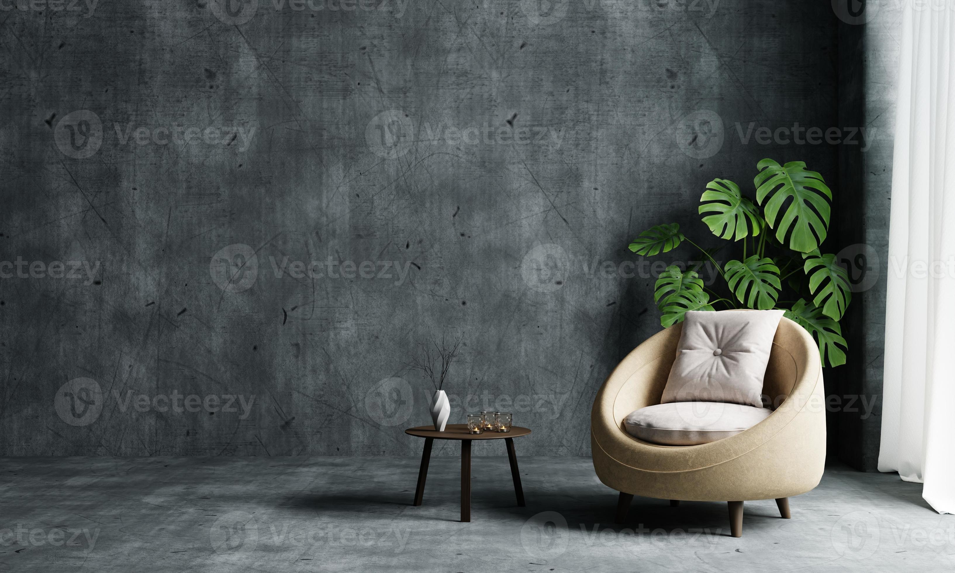 Living room with armchair sofa and Monstera plant on empty and copy