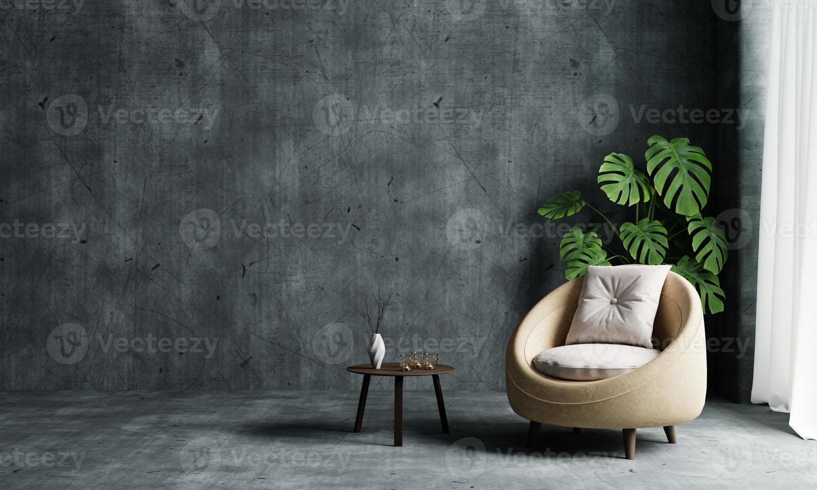 sala de estar con sillón, sofá y planta de monstera sobre fondo de pared de hormigón de loft vacío y espacio de copia. concepto de interiorismo y arquitectura. representación de ilustración 3d foto