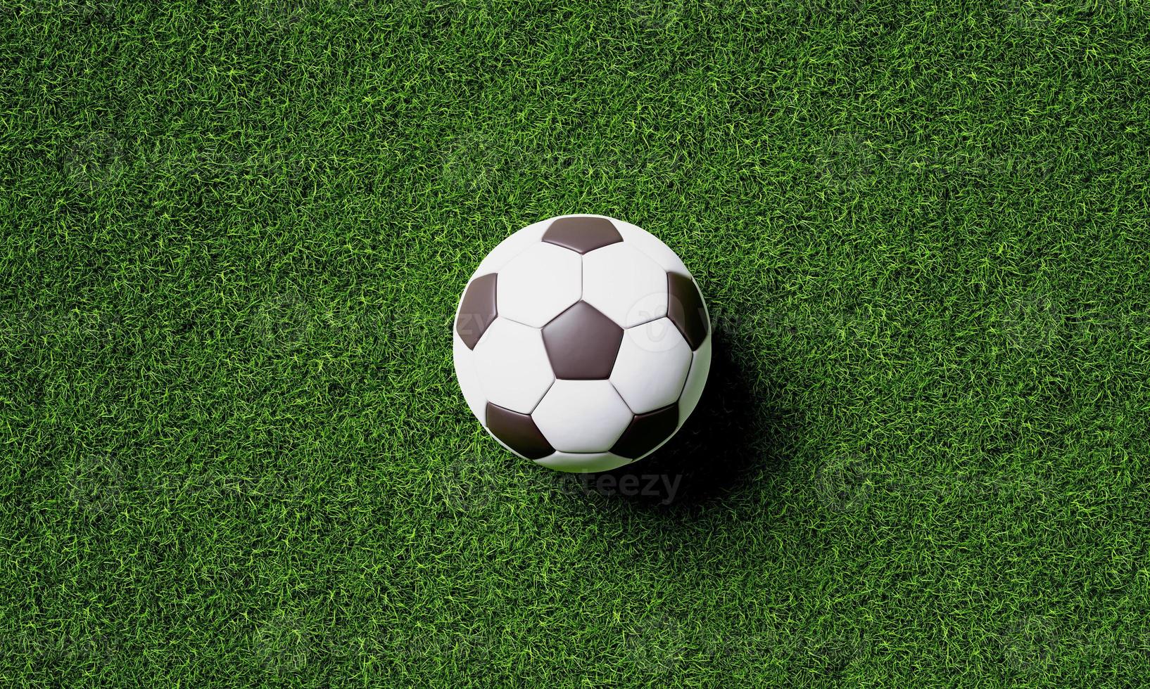 Soccer field on center and ball in top view background. Sport and athletic concept. 3D illustration rendering photo