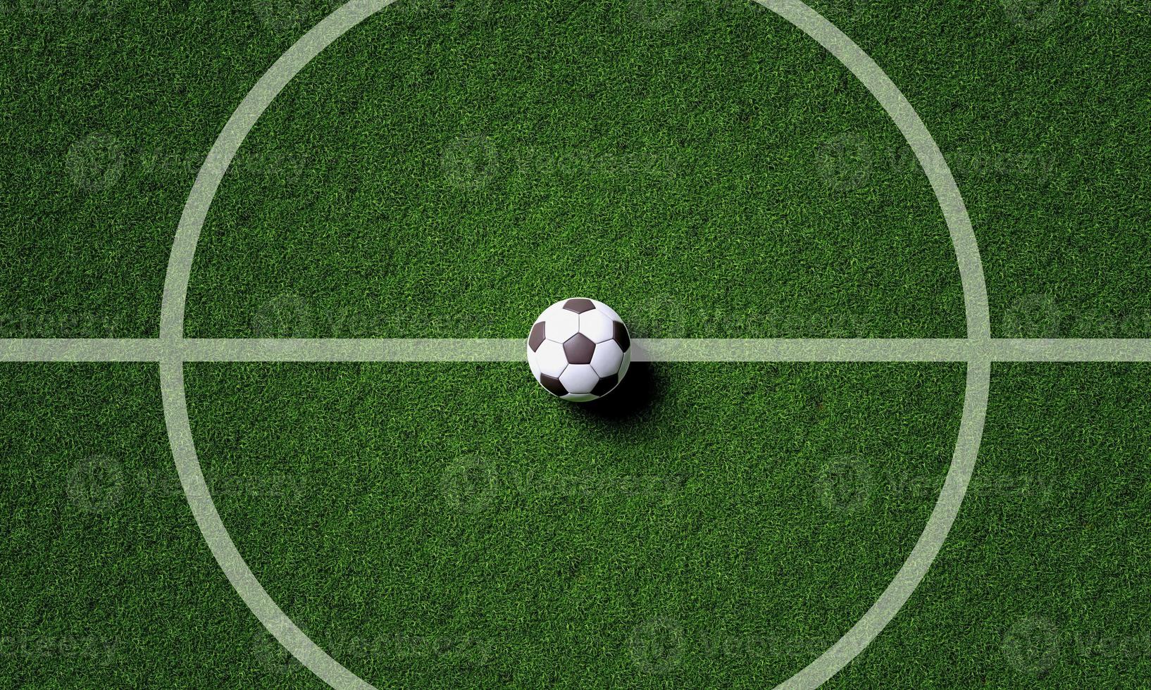 Soccer field center and ball in top view background. Sport and athletic concept. 3D illustration rendering photo