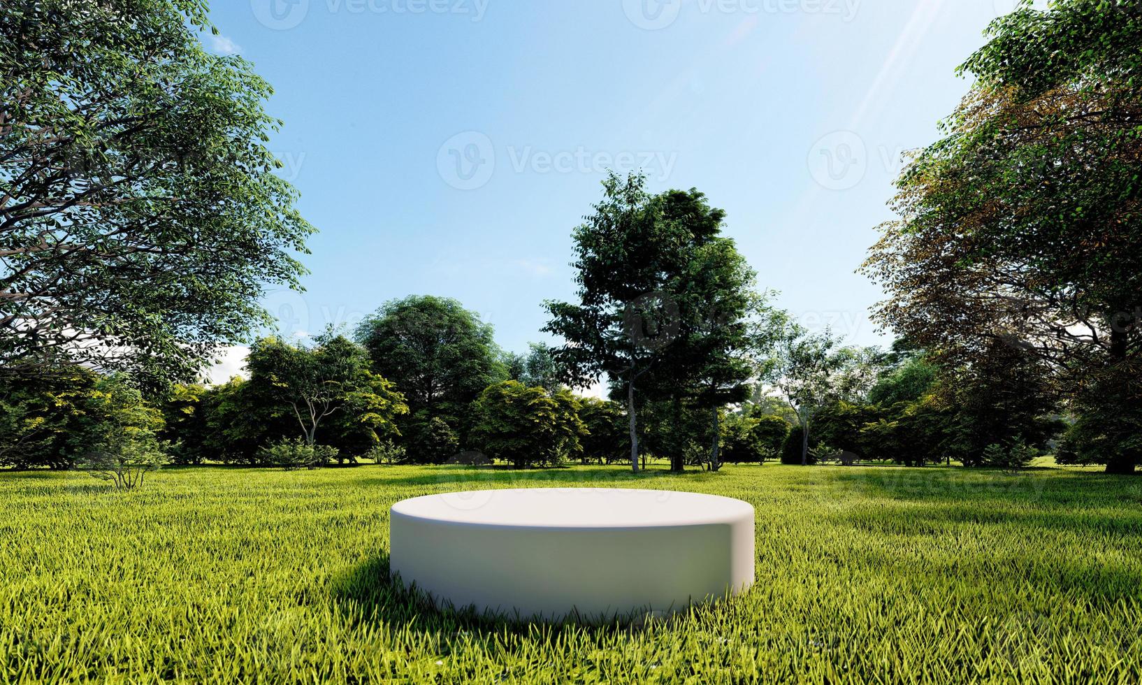 White minimal podium in natural public park background. Abstract and nature concept. 3D illustration rendering photo