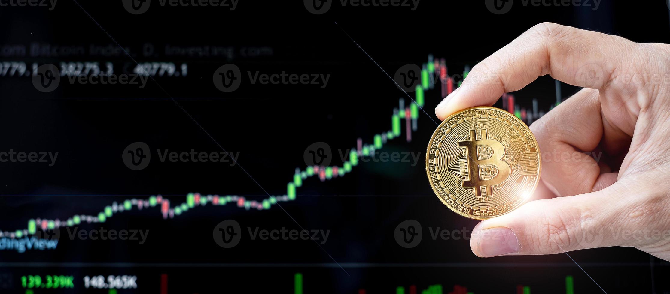golden Bitcoin cryptocurrency coin with candle graph background, Crypto is Digital Money within the blockchain network, is exchanged using technology and online internet exchange. Financial concept photo