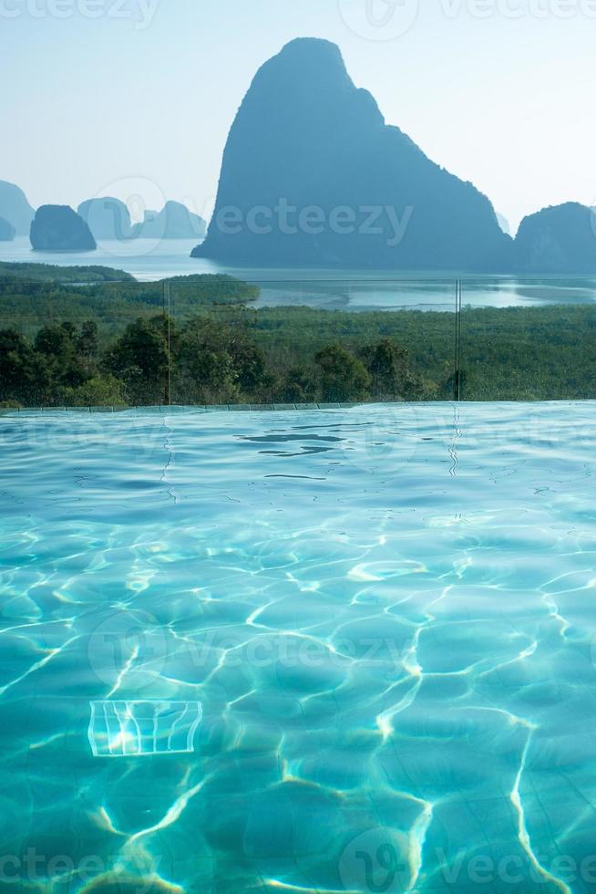 luxury pool hotel against Phang Nga bay background, Tourist relaxing at Samet Nang She, near Phuket in Southern Thailand. travel, trip and summer vacation photo