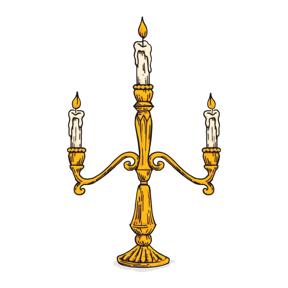 la llama de la vela está encendida por una vela blanca en un candelabro retro antiguo vector de grabado de arte de línea