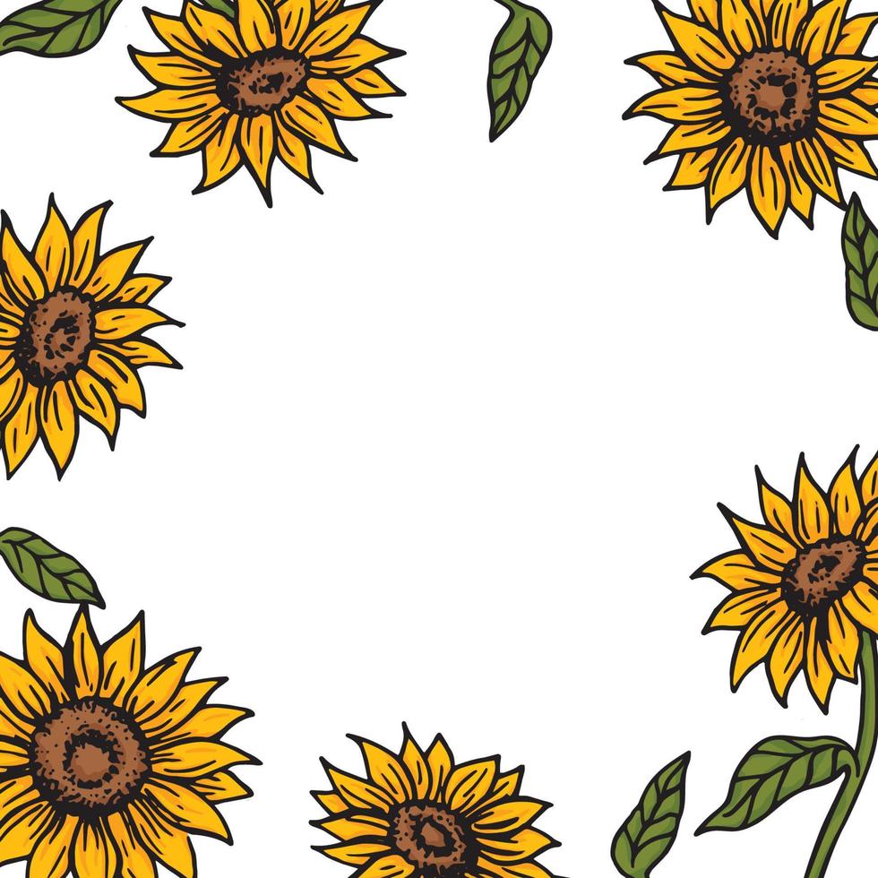 Sunflowers retro old line art etching vector border frame template