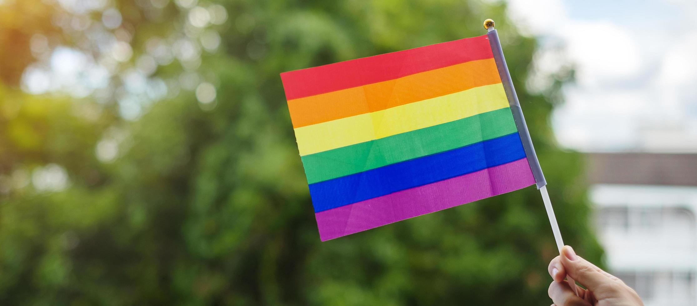 manos mostrando la bandera del arco iris lgbtq sobre fondo verde de la naturaleza. apoyar la comunidad lesbiana, gay, bisexual, transgénero y queer y el concepto del mes del orgullo foto