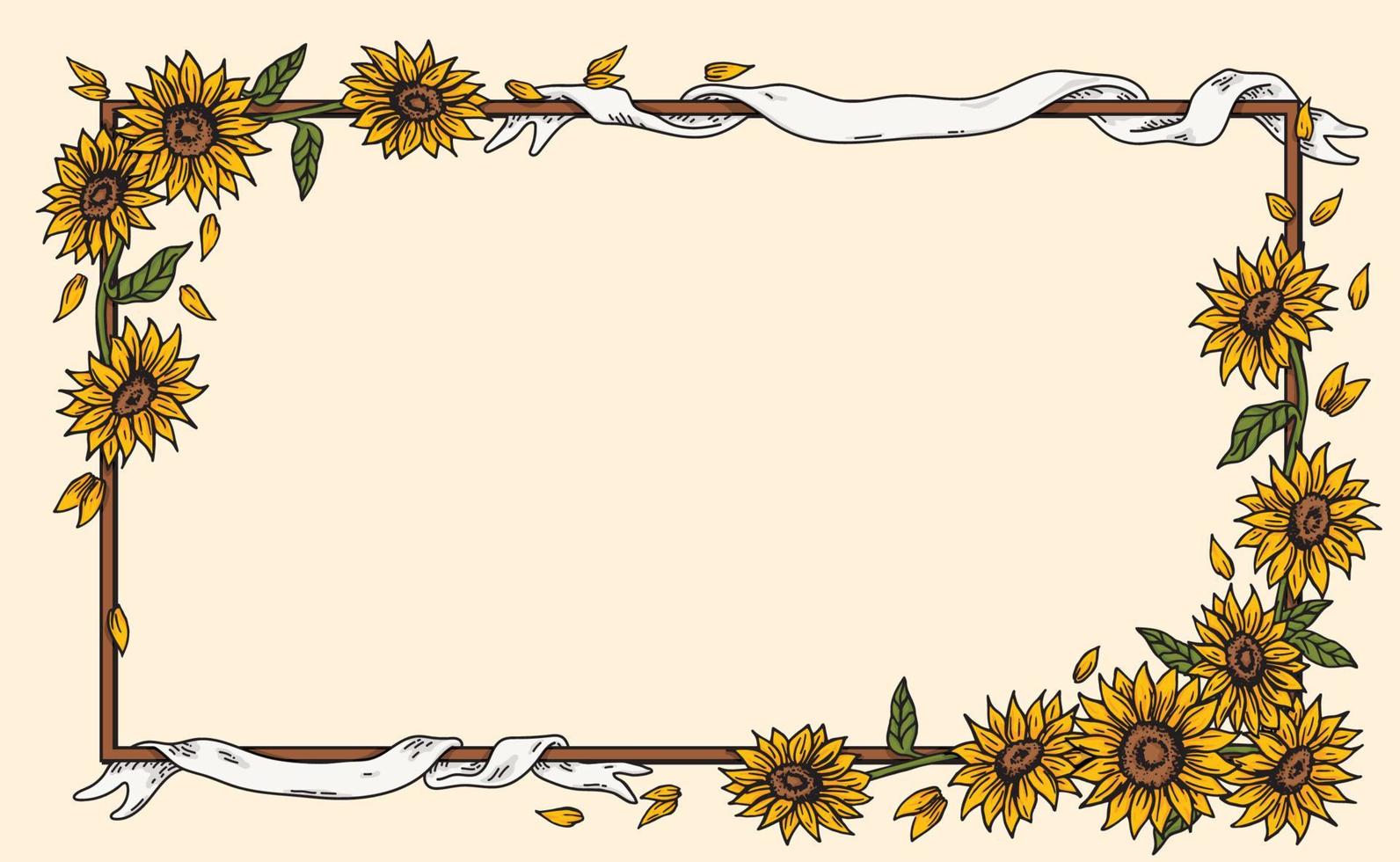 bouquet of sunflowers retro old line art etching vector border frame template