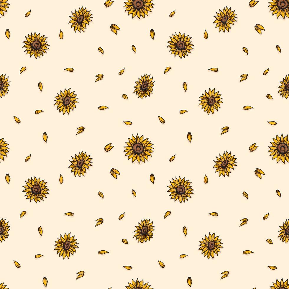 Sunflowers retro old line art etching vector seamless pattern Gift Wrap wallpaper background