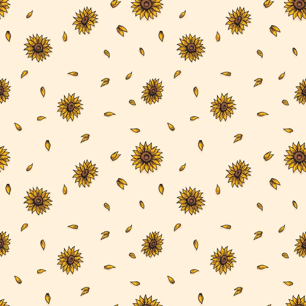 Sunflowers retro old line art etching vector seamless pattern Gift Wrap wallpaper background