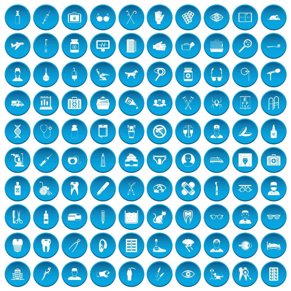 100 iconos de cuidado conjunto azul vector
