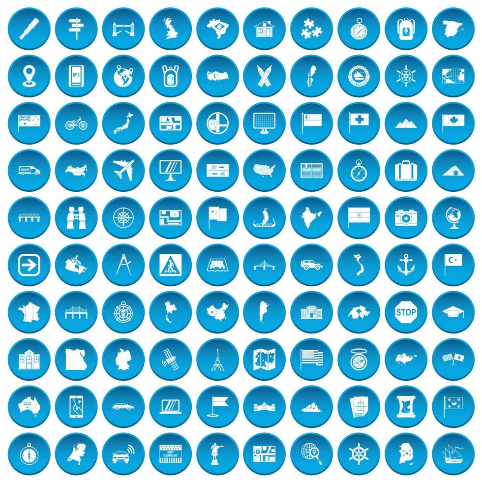 100 cartography icons set blue vector
