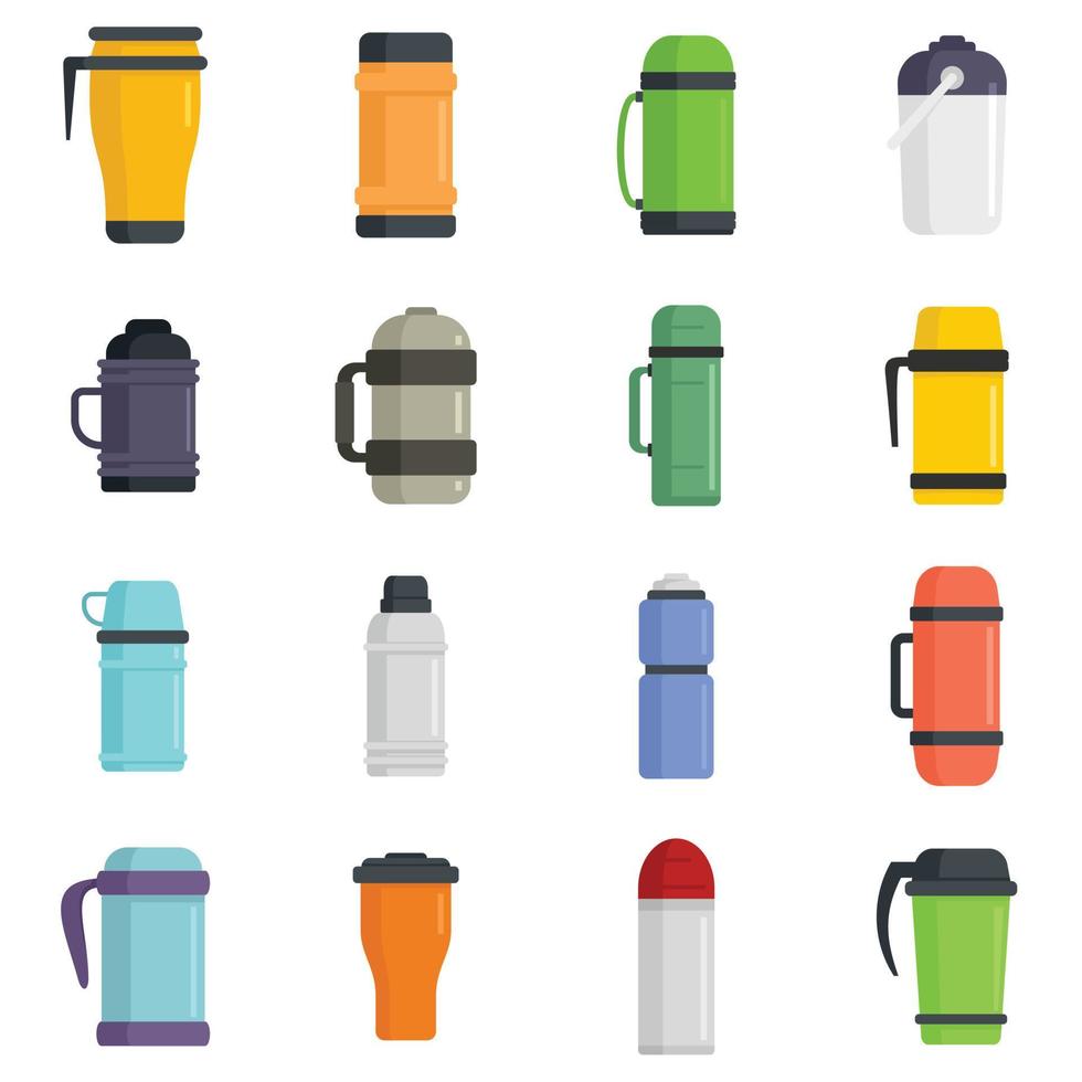 Vacuum insulated water bottle icons set flat vector isolated