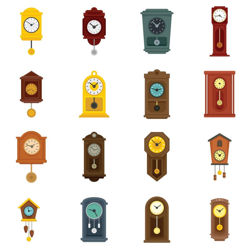 Pendulum clock icons set flat vector isolated