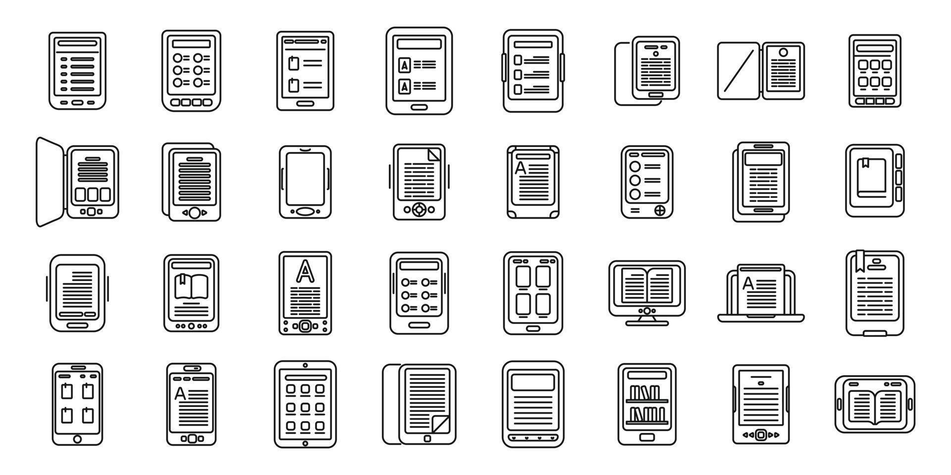 E-book application icons set outline vector. Book reader vector