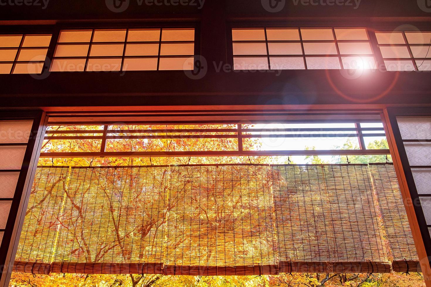 frame between wooden window and beautiful Maple tree in Japanese Garden at Enkoji temple, Kyoto, Japan. Landmark and famous in autumn season photo