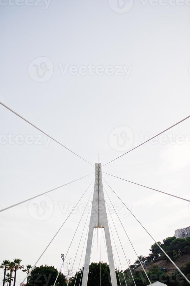 Tall white bridge in a city. Close-up photo of its ropes.