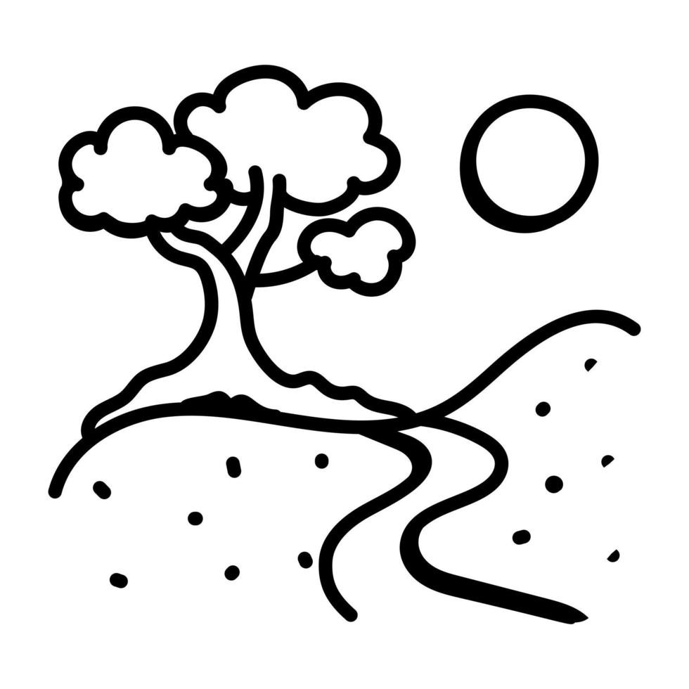 A scenic view of a tree with sun, doodle icon vector