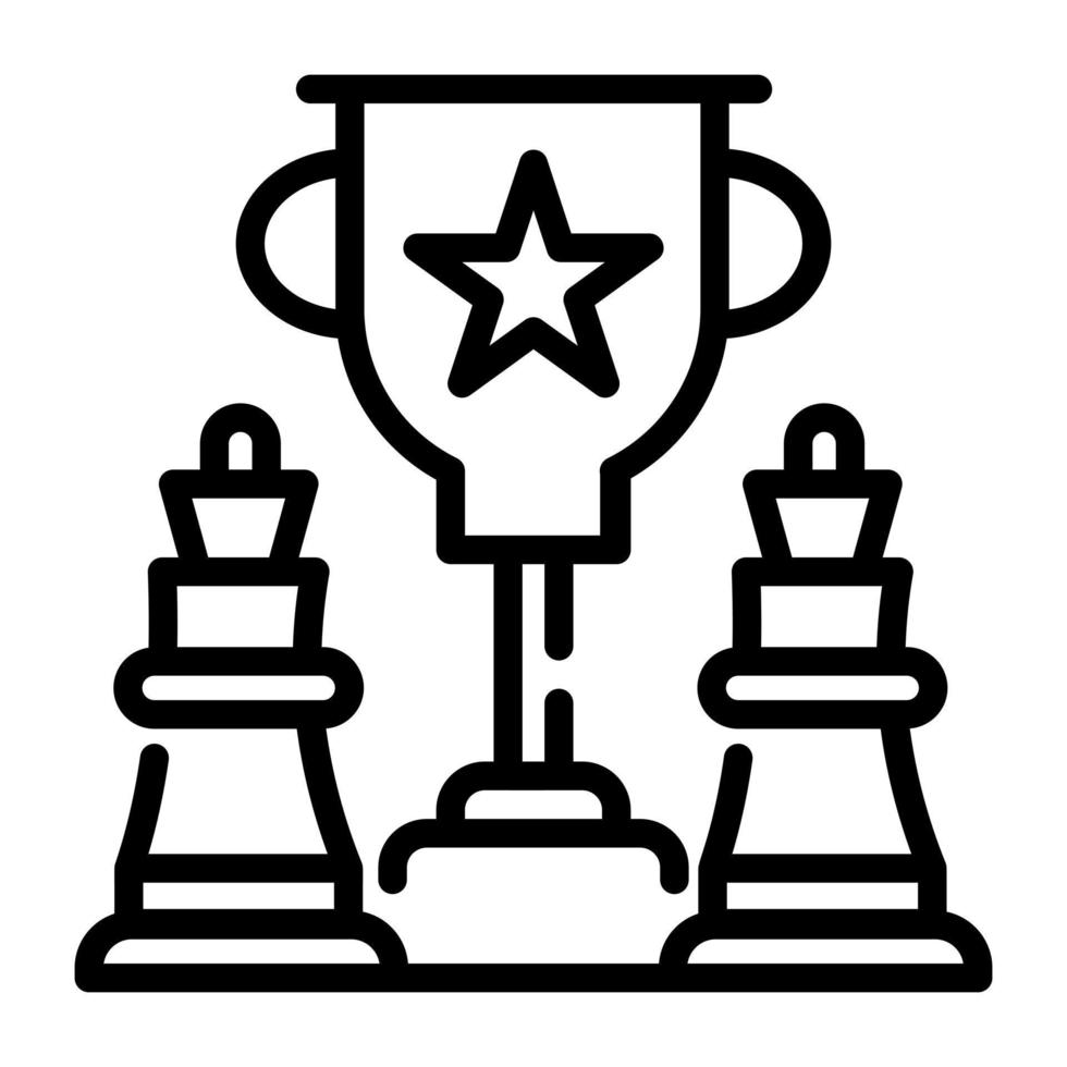 Trophy with chess pieces, line icon of successful strategy vector