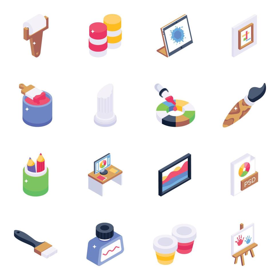 Collection of Painting Elements Isometric Icons vector