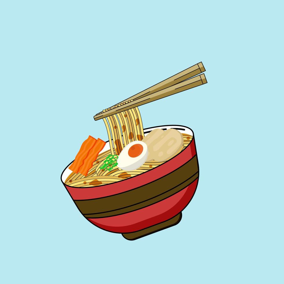 fideos de ternera y huevo con curry, use palillos para recoger fideos ilustración vectorial vector