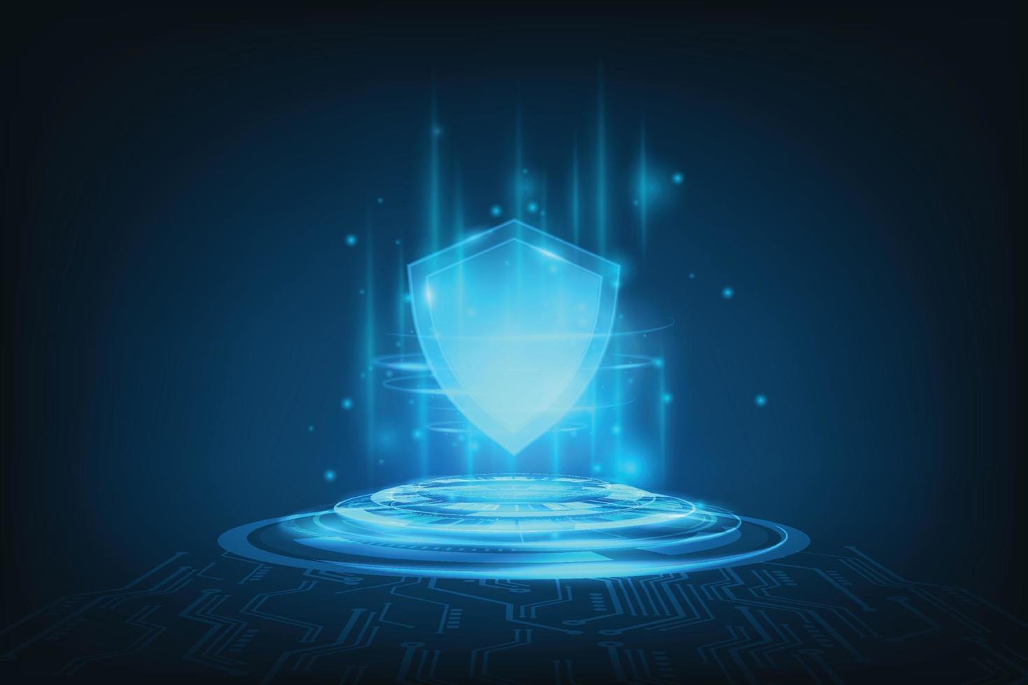 Vector cyber security concept. Network data security. Technology protection. Shield and dirduit board with blue light background.