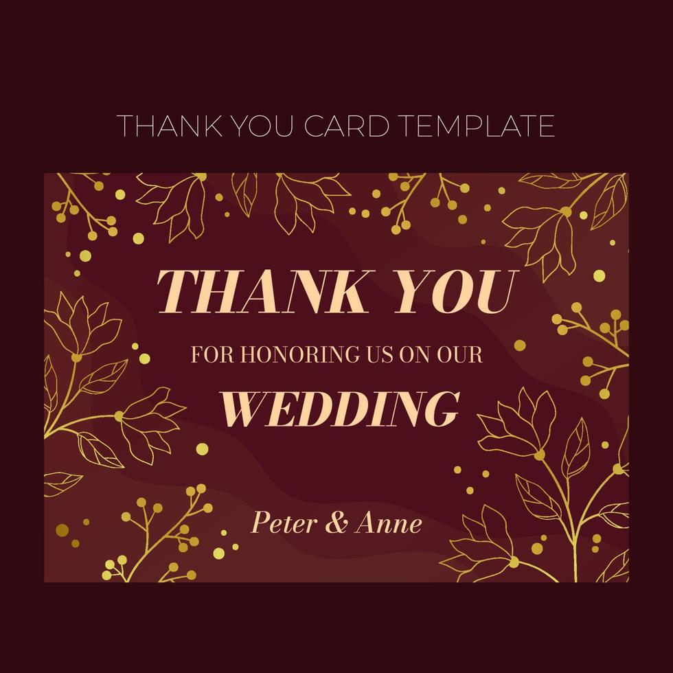 Floral wedding Thank you card template in elegant golden style, invitation card design with gold flowers with leaves, dots and berries. Vector decorative frame  on rich red background.