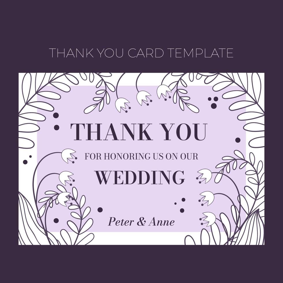 Floral wedding Thank you card template in hand drawn doodle style, invitation card design with line flowers, leaves, fern and dots. Vector decorative frame on white and lilac background.