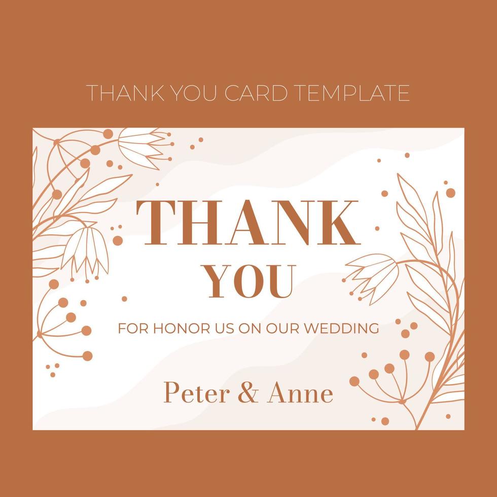 Floral wedding Thank You template in doodle style, invitation card design beige and white flowers, leaves and berries. Decorative frame pattern and wreath. Vector elegant decoration on white