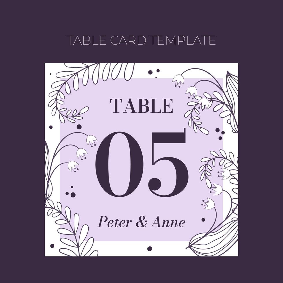 Floral wedding Table number template in hand drawn doodle style, invitation card design with line flowers, leaves, fern and dots. Vector decorative frame on white and lilac background.