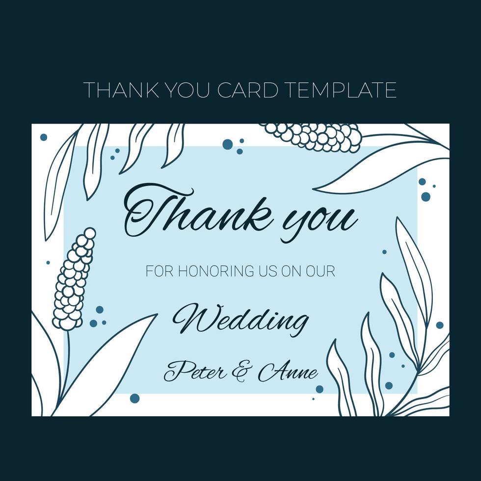 Floral wedding Thank you card template in hand drawn doodle style, invitation card design with line flowers and leaves, dots. Vector decorative frame on white and blue background.