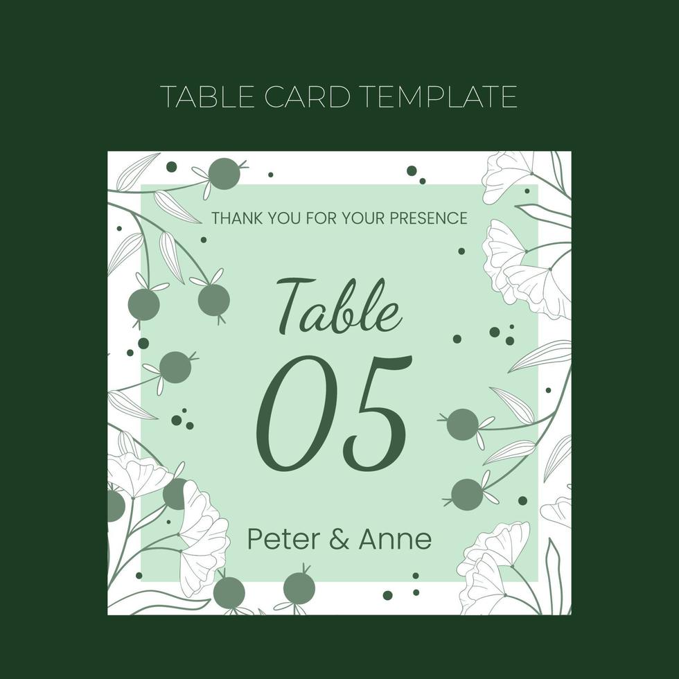 Floral wedding Table number template in hand drawn doodle style, invitation card design with line flowers and leaves,  dots and berries. Vector decorative frame on white and green background.