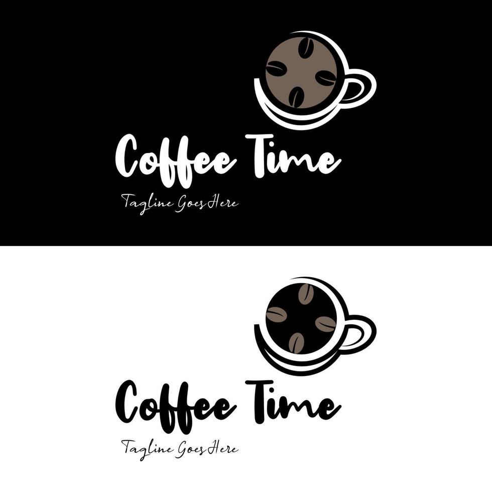 grano de café negro en taza formando una forma de reloj para el logotipo clásico de café y cafetería vector