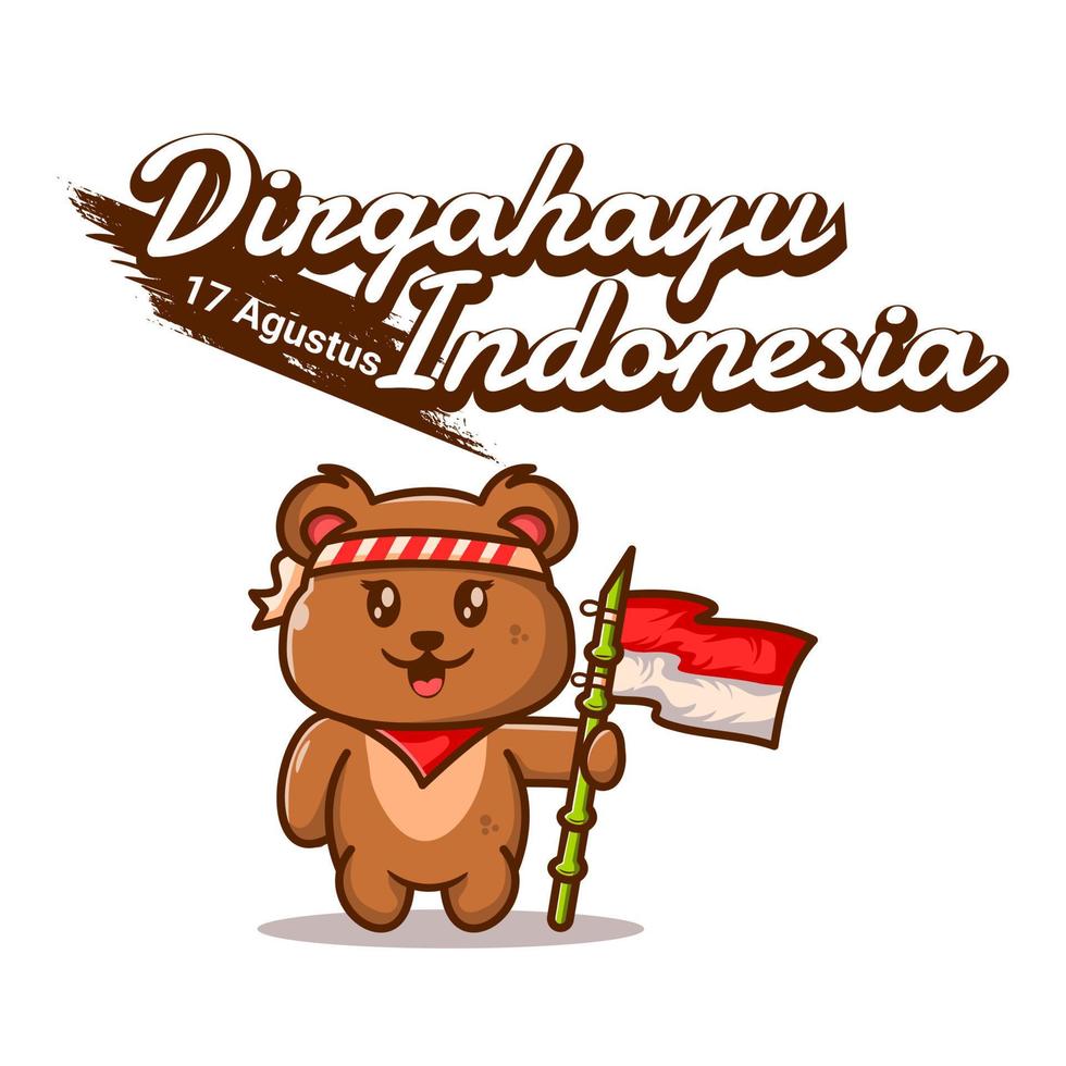 oso lindo del día de la independencia de indonesia que lleva una bandera con bambú puntiagudo vector