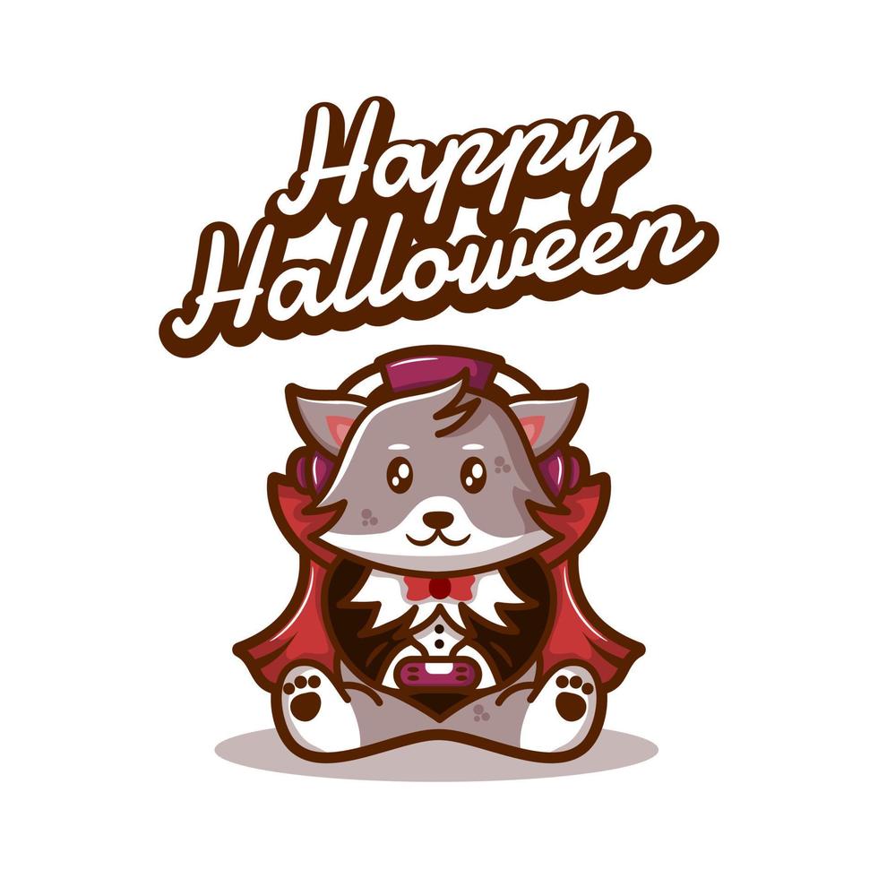 happy halloween greetings with wolf illustration playing games in vampire cloak vector