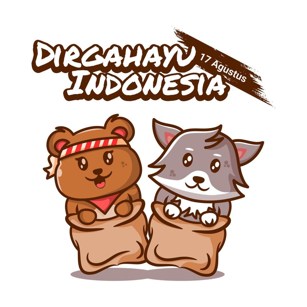 cute illustration of bear and wolf sack race indonesia independence day vector