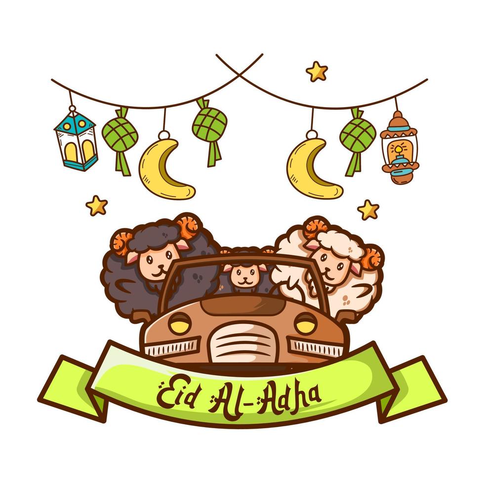 illustration of 3 sheep driving a car, happy eid al adha vector