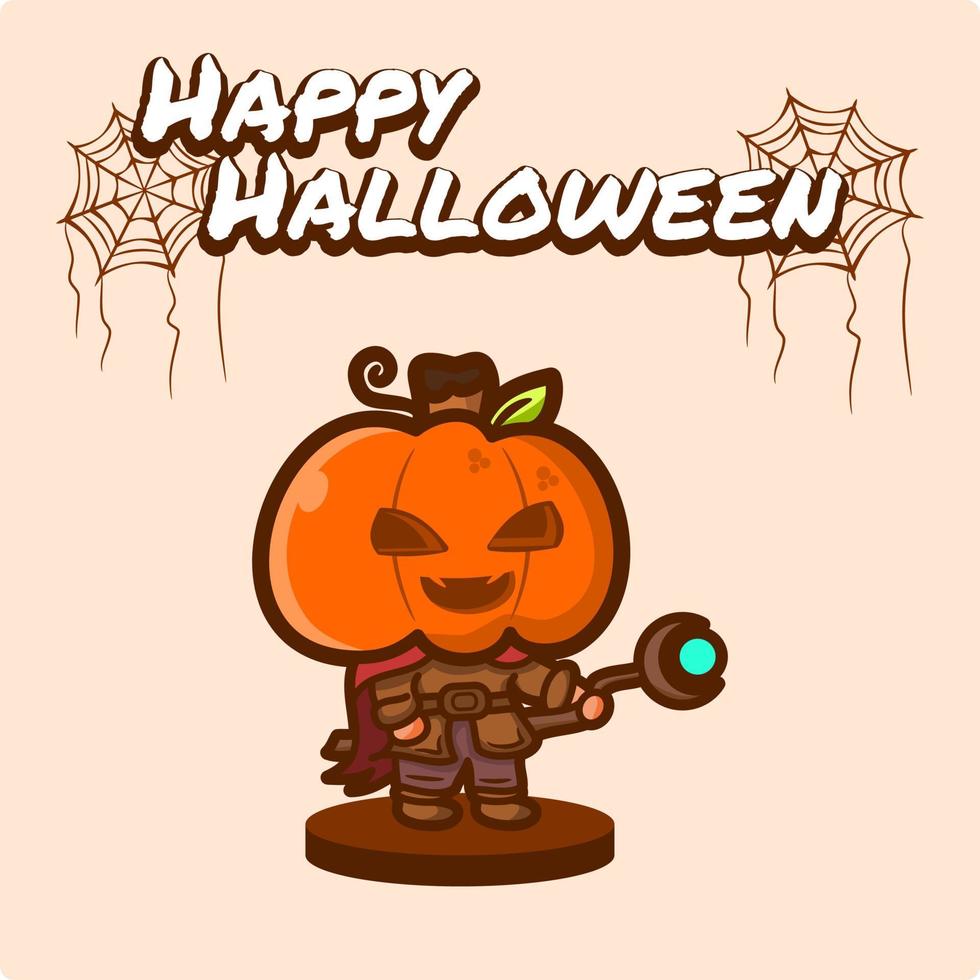 linda ilustración de bruja con cabeza de calabaza sosteniendo una varita feliz halloween vector