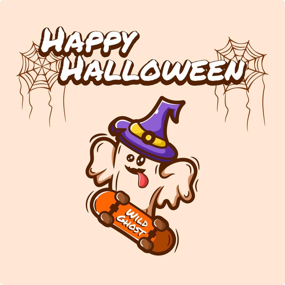 cute illustration of ghost wearing wizard hat skateboarding happy halloween vector