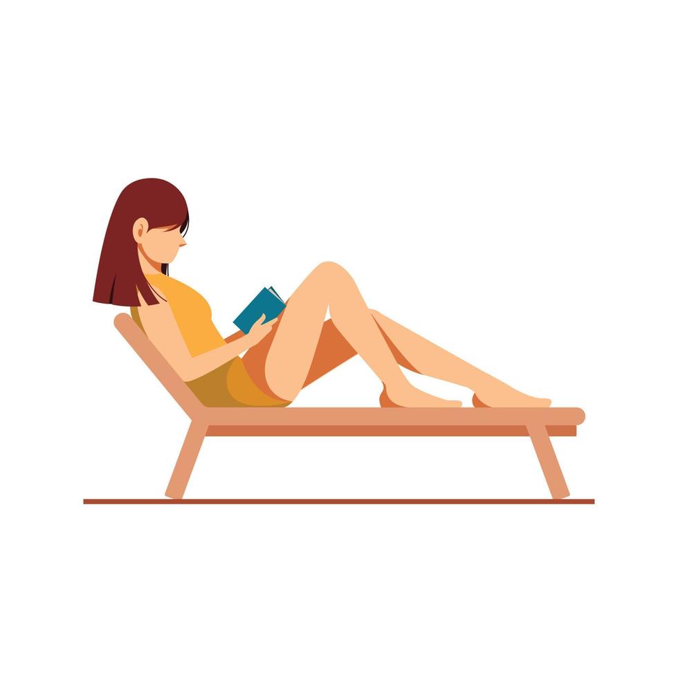 Beautiful girl reading book on the beach. Concept for vacation, holiday and travel. Summer time vector