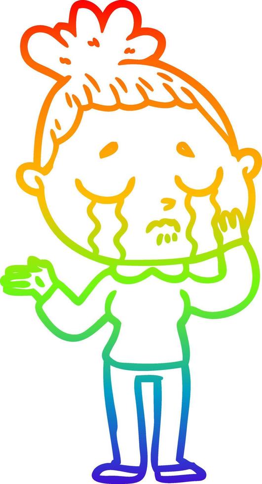rainbow gradient line drawing cartoon crying woman vector