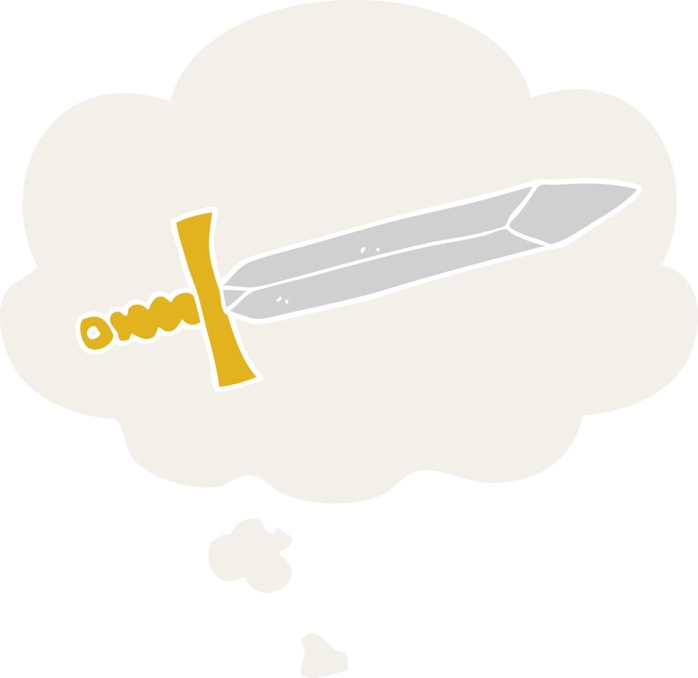 cartoon sword and thought bubble in retro style vector