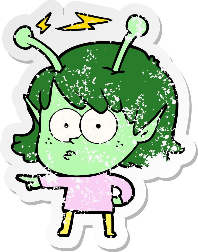 pegatina angustiada de una chica alienígena de dibujos animados vector