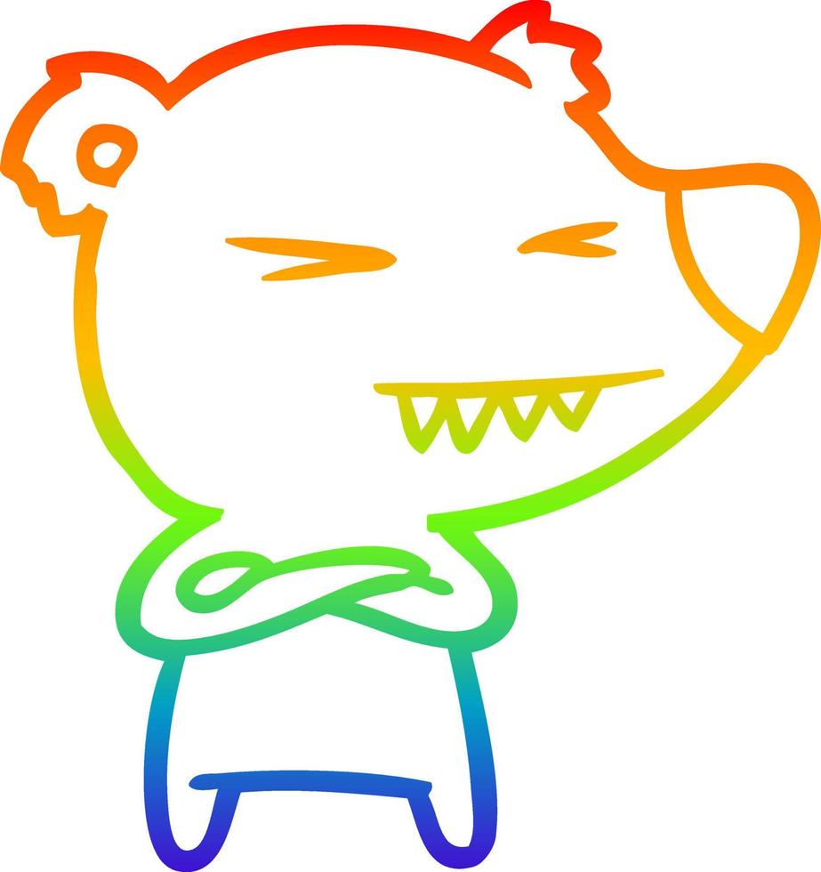 rainbow gradient line drawing angry polar bear cartoon with folded arms vector